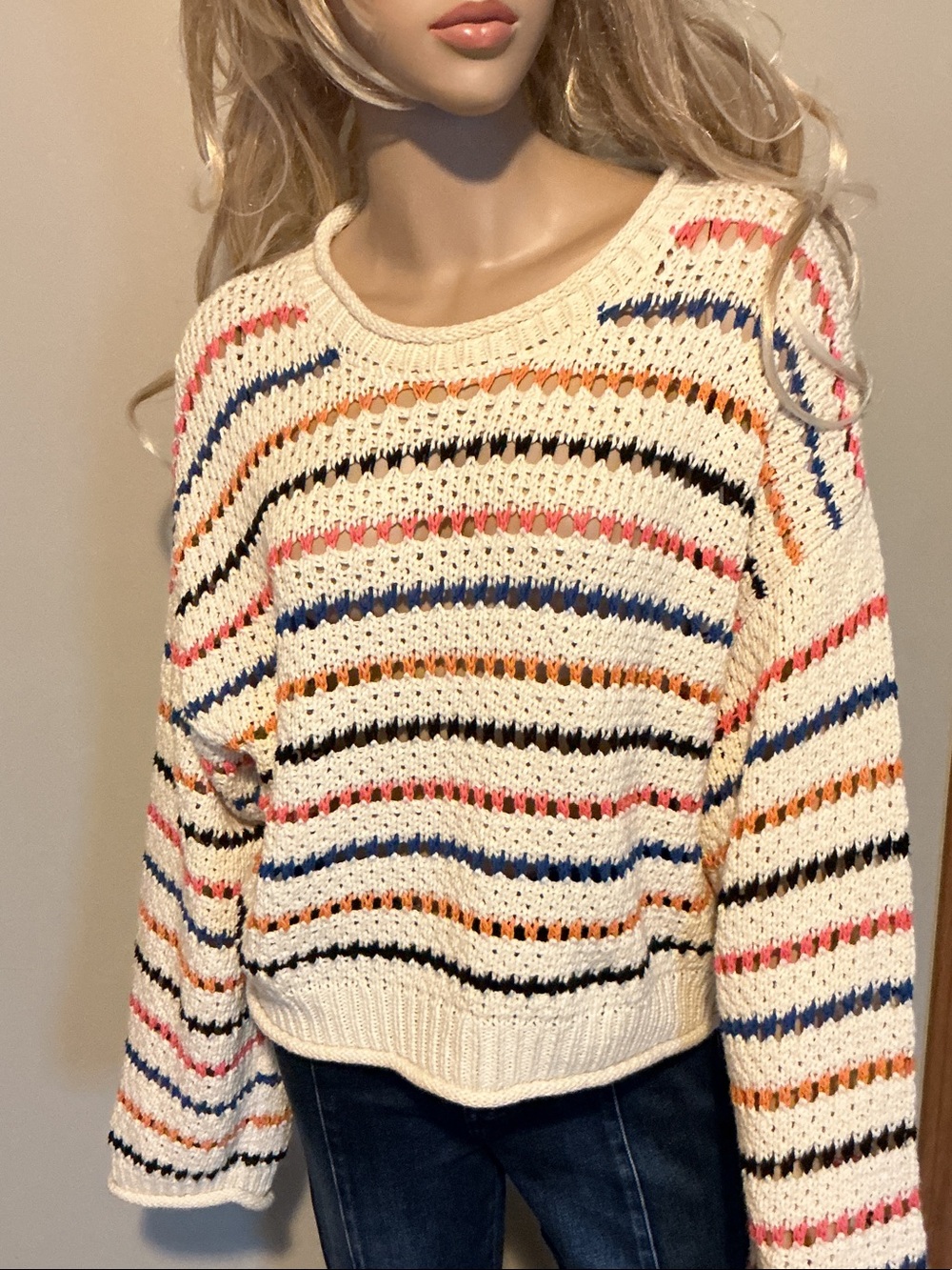MOTHER Cream Crochet Crew Sweater with Blue and Orange Trim - Picture 8 of 9